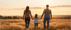 Family walking together at sunset